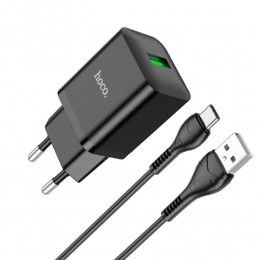 Блок питания сетевой 1 USB HOCO N26, Maxim, 3000mA, 18Вт, QC3.0, кабель Type-C, цвет: чёрный