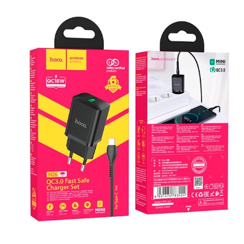 Блок питания сетевой 1 USB HOCO N26, Maxim, 3000mA, 18Вт, QC3.0, кабель Type-C, цвет: чёрный