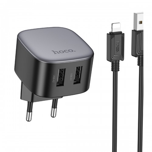 Блок питания сетевой 2 USB HOCO CS31A, Wing, 10,5 ВТ, кабель USB - 8-pin, 1.0м, цвет: чёрный