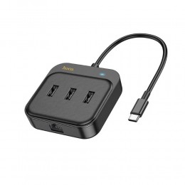 USB-концентратор HOCO HB35, EasyLink, 4 гнезда, 3xUSB 2.0, RJ45, кабель Type-C 0.2м, цвет: черный