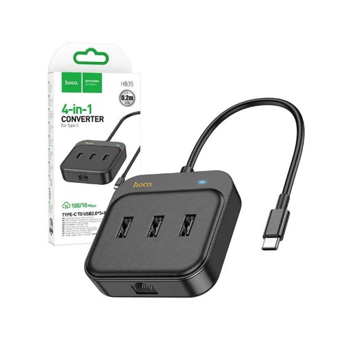 USB-концентратор HOCO HB35, EasyLink, 4 гнезда, 3xUSB 2.0, RJ45, кабель Type-C 0.2м, цвет: черный