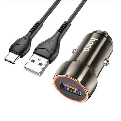 Блок питания автомобильный USB HOCO Z46, Blue shield, 18Вт, QC, AFC, FCP, кабель USB - Type-C, 1.0м, цвет: серый