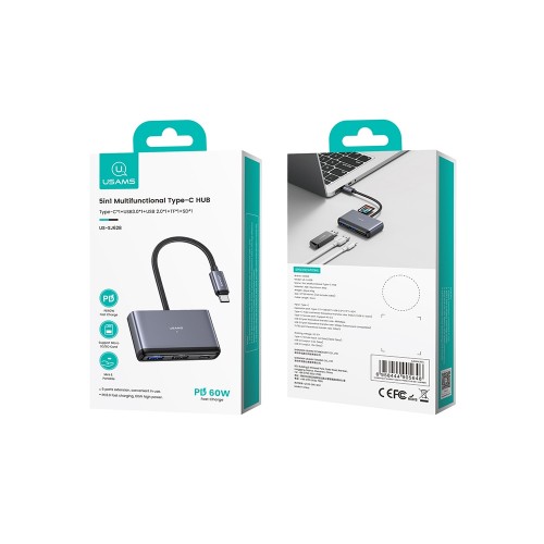 USB-концентратор Usams US-SJ628, 5 гнезд, Type-C, USB3.0, USB 2.0, TF, SD, кабель 0,10м, цвет: серый