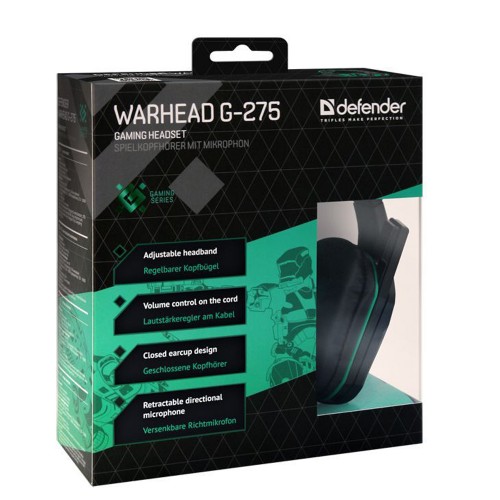 Наушники полноразмерные Defender G-275, Warhead, Jack 3.5мм, 1.8 м, цвет: чёрный, зелёная вставка