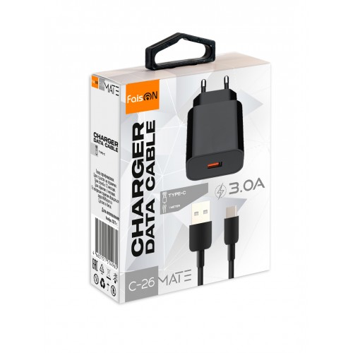 Блок питания сетевой 1 USB FaisON C-26, MATE, 3000mA, 18Вт, QC3.0, кабель Type-C, цвет: чёрный