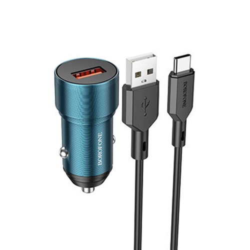 Блок питания автомобильный 1 USB Borofone BZ19A, Wisdom, 18Вт, QC3.0, кабель Type-C, цвет: синий