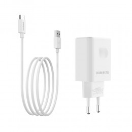 Блок питания сетевой 1 USB Borofone BA32A, Bright, 3000mA, QC3.0, QC2.0, FCP, SCP, AFC, VOOC, DASH, кабель Type-C, цвет: белый