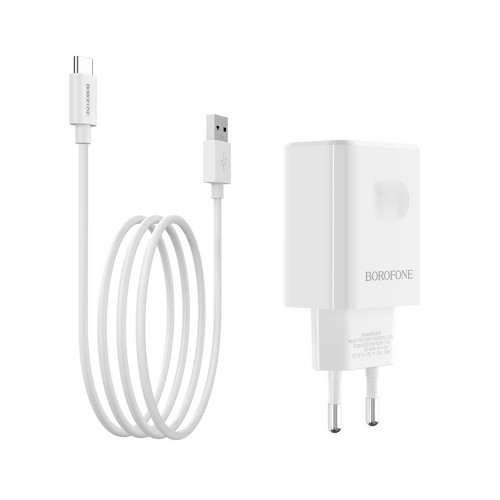 Блок питания сетевой 1 USB Borofone BA32A, Bright, 3000mA, QC3.0, QC2.0, FCP, SCP, AFC, VOOC, DASH, кабель Type-C, цвет: белый