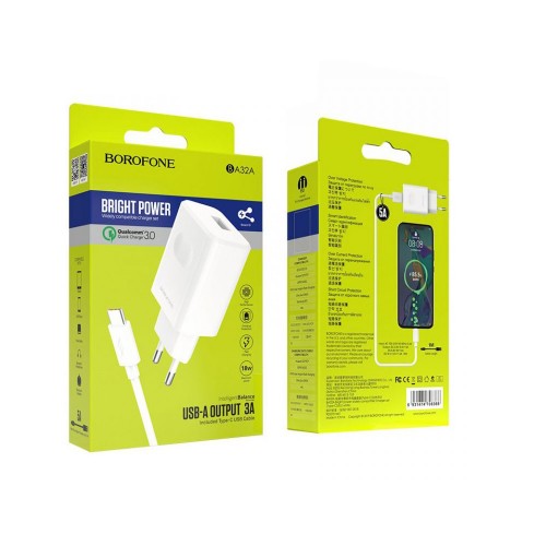 Блок питания Borofone BA32A 1 USB, 3000mA, QC3.0, белый
