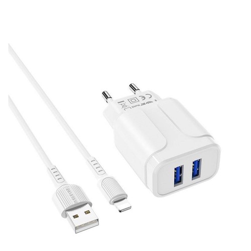 Блок питания сетевой 2 USB Borofone BA37A, 2.4A, 12Вт, кабель 8 pin, цвет: белый