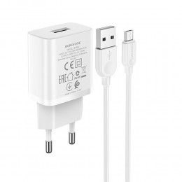 Блок питания сетевой 1 USB Borofone BA52A, Gamble, 2100mA, кабель микро USB, цвет: белый
