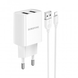 Блок питания сетевой 2 USB Borofone BA53A, Powerway, 2100mA, кабель 8 pin, цвет: белый
