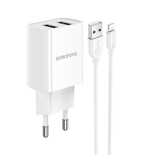 Блок питания Borofone BA53A 2 USB, 2100mA, белый, 8 pin
