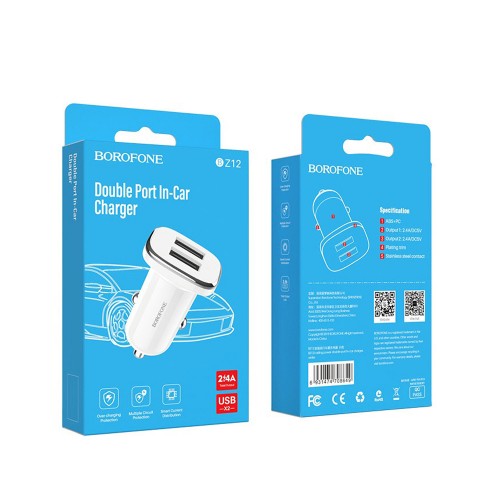 Блок питания автомобильный Borofone BZ12, 2 USB, 2400mA, белый
