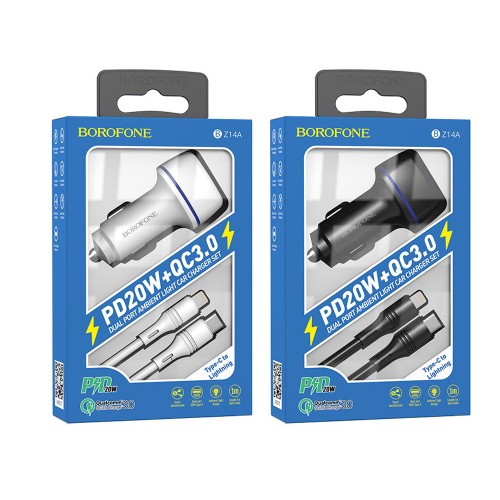 Блок питания автомобильный Borofone BZ14A 1 USB, Type-C, QC3.0, чёрный

