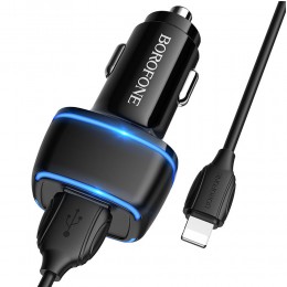 Блок питания автомобильный 2 USB Borofone BZ14, Max, 2400mA, 12Вт, кабель 8 pin, цвет: чёрный
