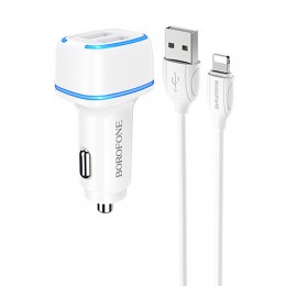 Блок питания автомобильный 2 USB Borofone BZ14, Max, 2400mA, кабель 8 pin, цвет: белый
