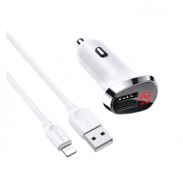 Блок питания автомобильный 2 USB Borofone BZ15, Auspicious, 2400mA, 12Вт, кабель 8 pin, цвет: белый

