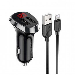 Блок питания автомобильный 2 USB Borofone BZ15, Auspicious, 2400mA, 12Вт, кабель 8 pin, цвет: чёрный
