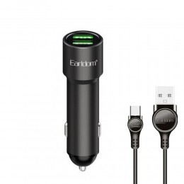 Блок питания автомобильный 2 USB Earldom ES-CC20, 2400mA, кабель Type-C, цвет: чёрный