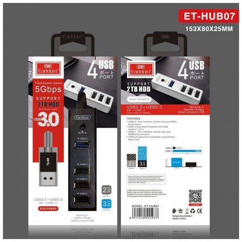 USB-концентратор Earldom ET-HUB07, 4 гнезда, цвет: чёрный