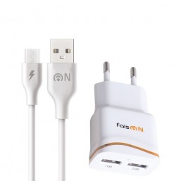 Блок питания сетевой 2 USB FaisON FS-Z-985, Jhree, 2400mA, 2400mA, кабель микро USB, цвет: белый