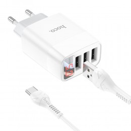 Блок питания сетевой 3 USB HOCO C93A, Easy, 3400mA, кабель Type-C, цвет: белый