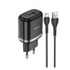 Блок питания сетевой 1 USB HOCO N3, Special single, 3000mA, 18Вт, QC3.0, QC2.0, FCP, AFC, кабель Type-C, цвет: чёрный