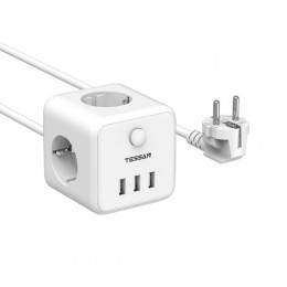 Сетевой фильтр TESSAN TS-301, 1.5м, 2.4A, 3 розетки, с заземлением, кнопка питания, 3 USB выхода, цвет: белый
