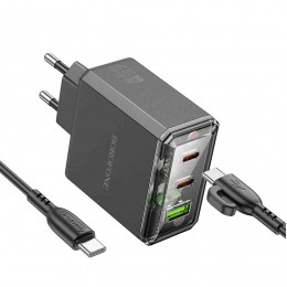 Блок питания сетевой 1 USB, 2 Type-C Borofone BAS34A, Treasure, 5V, 3.0A, PD 65Вт, кабель Type-C, Type-C, 1.0м, цвет: черный