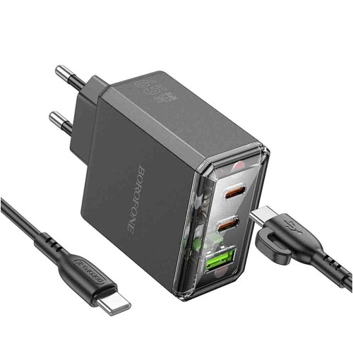 Блок питания сетевой 1 USB, 2 Type-C Borofone BAS34A, Treasure, 5V, 3.0A, PD 65Вт, кабель Type-C, Type-C, 1.0м, цвет: черный