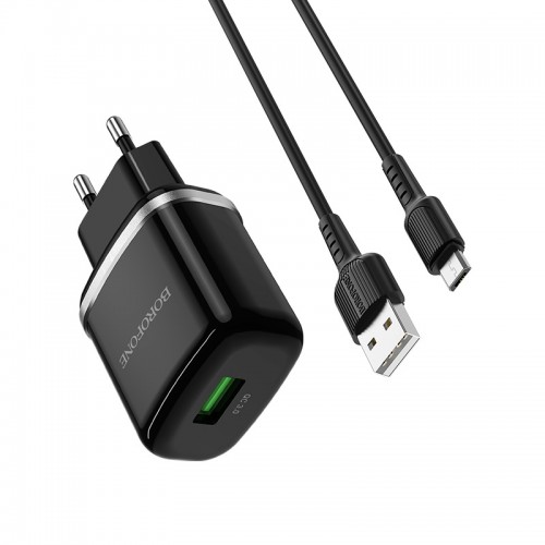 Блок питания сетевой 1 USB Borofone BA36A, 3000mA, 18Вт, QC3.0, QC2.0, FCP, AFC, кабель микро USB, цвет: чёрный