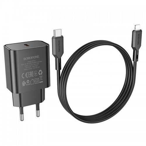 Блок питания сетевой 1 Type-C Borofone BA71A, Power, 3000mA, 20Вт, PD/ QC/ FCP/ AFC, кабель 8 pin-Type-C, цвет: чёрный