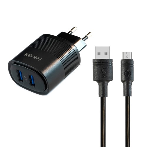 Блок питания сетевой 2 USB FaisON C-103, Teleport, 3,1A, кабель микро USB, цвет: чёрный