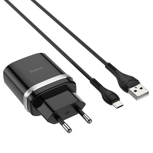 Блок питания сетевой 1 USB HOCO C12Q, 3000mA, 18Вт, QC3.0, QC2.0, FCP, AFC, кабель микро USB, цвет: чёрный