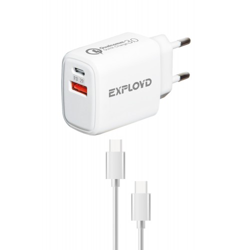 Блок питания сетевой 1 USB, Type-C Exployd EX-Z-1341, SHAFT, 3000mA, PD20W, кабель Type-C-Type-C, цвет: белый