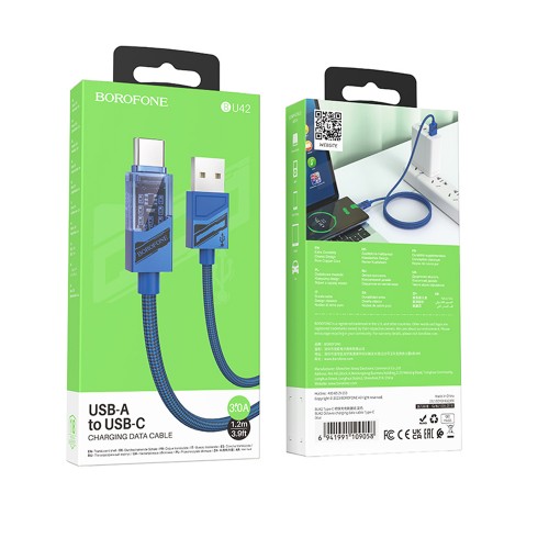 Кабель Type-C - USB Borofone BU42 Octavia, 1.2м, 3,0А, цвет: синий