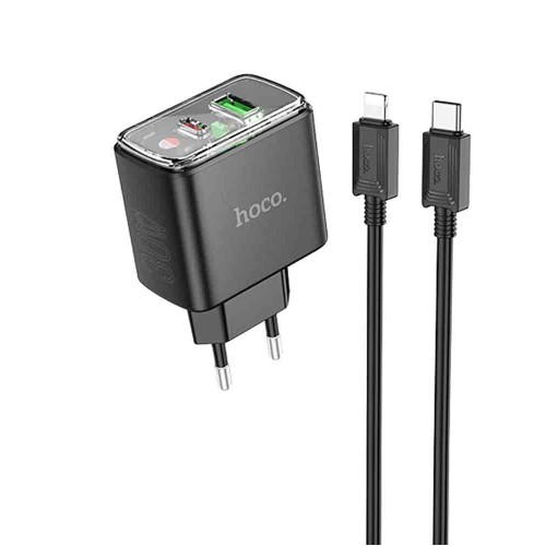 Блок питания сетевой USB, Type-C HOCO CS42A, Smart, 5V, 3.0A, 30Вт, PD, QC 3.0, кабель Type-C, 8-pin, 1.0м, цвет: чёрный