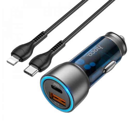 Блок питания автомобильный 1 USB 3.0, Type-C HOCO NZ8, Sprinter, 43Вт, QC3.0, PD, кабель Type-C-8-pin, цвет: синий