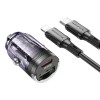 Блок питания автомобильный USB, Type-C Borofone BZ29A, 5V, 3.0A, 36Вт, PD, QC 3.0, FCP, AFC, кабель Type-C, 8-pin, 1.0м, цвет: фиолетовый, прозрачный