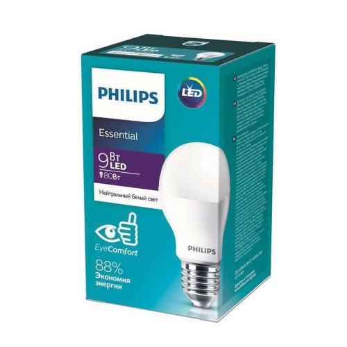 Лампа светодиодная Philips A60, ESSENTIAL, E27, груша, 9Вт/220-240V/4000К, нейтральный белый, матовый