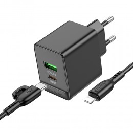 Блок питания сетевой 1 USB, Type-C Borofone BAS14A , Erudite, 20Вт, PD, QC, FCP, AFC, кабель Type-C-8-pin, цвет: чёрный