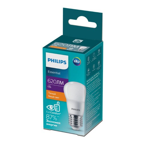 Лампа светодиодная Philips P45, ESS LEDCANDLE, E27, шар, 6Вт/220-240V/2700K, теплый белый, матовая