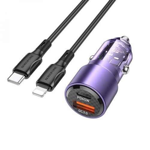 Блок питания автомобильный 1 USB, Type-C Borofone BZ20A, Smart, PD, QC, кабель Type-C-8-pin, цвет: фиолетовый