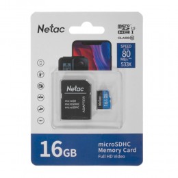 Карта памяти microSD 16Gb Netac, Standard Class, Class10 UHS-I U1 V10, 90MB/s, с адаптером