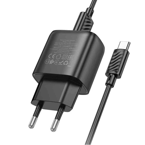 Блок питания сетевой USB HOCO C140A, 18Вт, QC3.0, FCP, AFC, кабель USB - Type-C, 1.0м, цвет: чёрный, (арт.6942007627825)