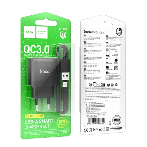 Блок питания сетевой USB HOCO C140A, 18Вт, QC3.0, FCP, AFC, кабель USB - Type-C, 1.0м, цвет: чёрный, (арт.6942007627825)