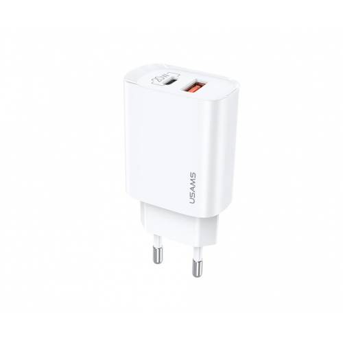 Блок питания сетевой 1 USB, Type-C Usams US-CC121, T35, QC3.0, PD3.0, цвет: белый