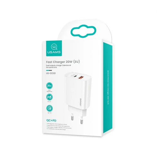 Блок питания сетевой 1 USB, Type-C Usams US-CC121, T35, QC3.0, PD3.0, цвет: белый