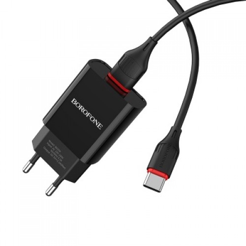 Блок питания сетевой 1 USB Borofone BA20A, Sharp, 2100mA, кабель Type-C, цвет: чёрный